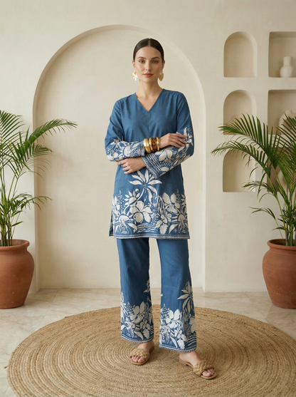 Romantic Florals Blue Pure Cotton V-Neck Top & Trousers Set