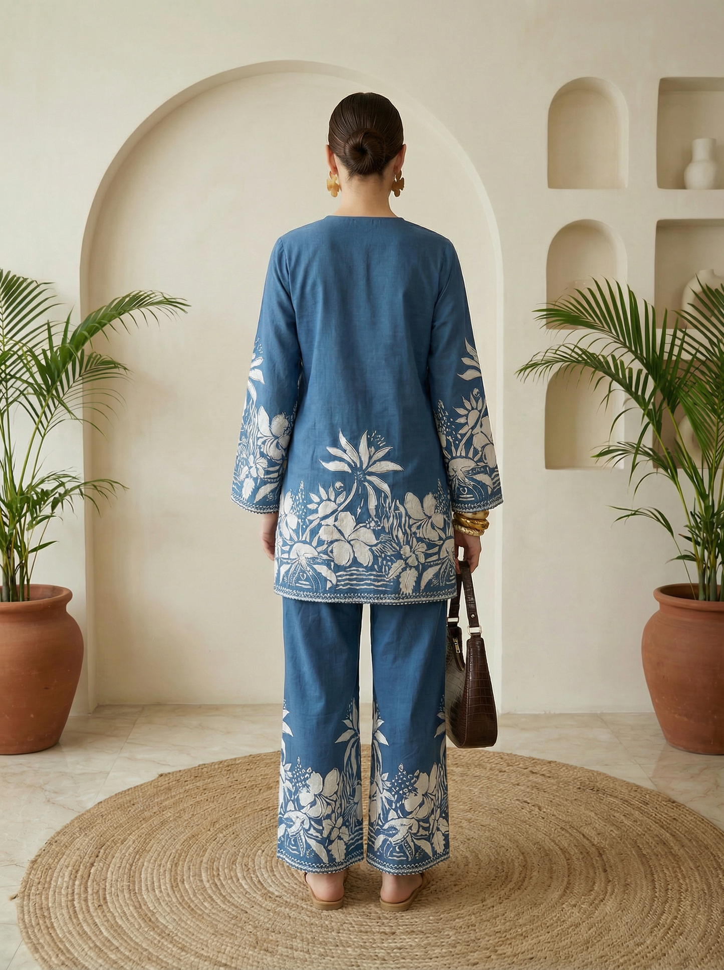 Romantic Florals Blue Pure Cotton V-Neck Top & Trousers Set