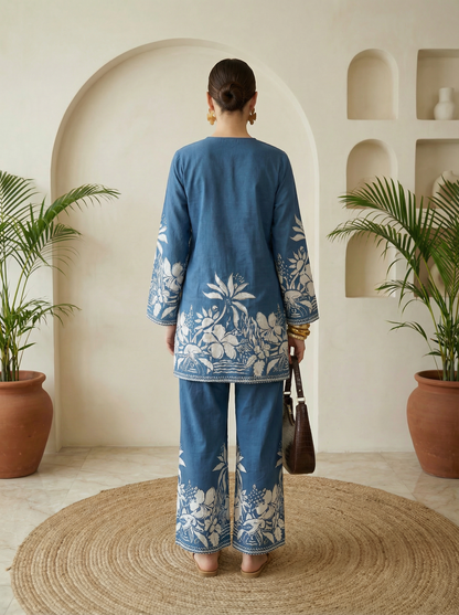 Romantic Florals Blue Pure Cotton V-Neck Top & Trousers Set