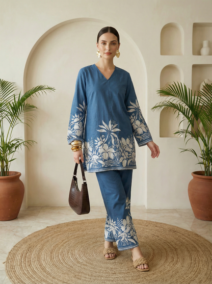 Romantic Florals Blue Pure Cotton V-Neck Top & Trousers Set