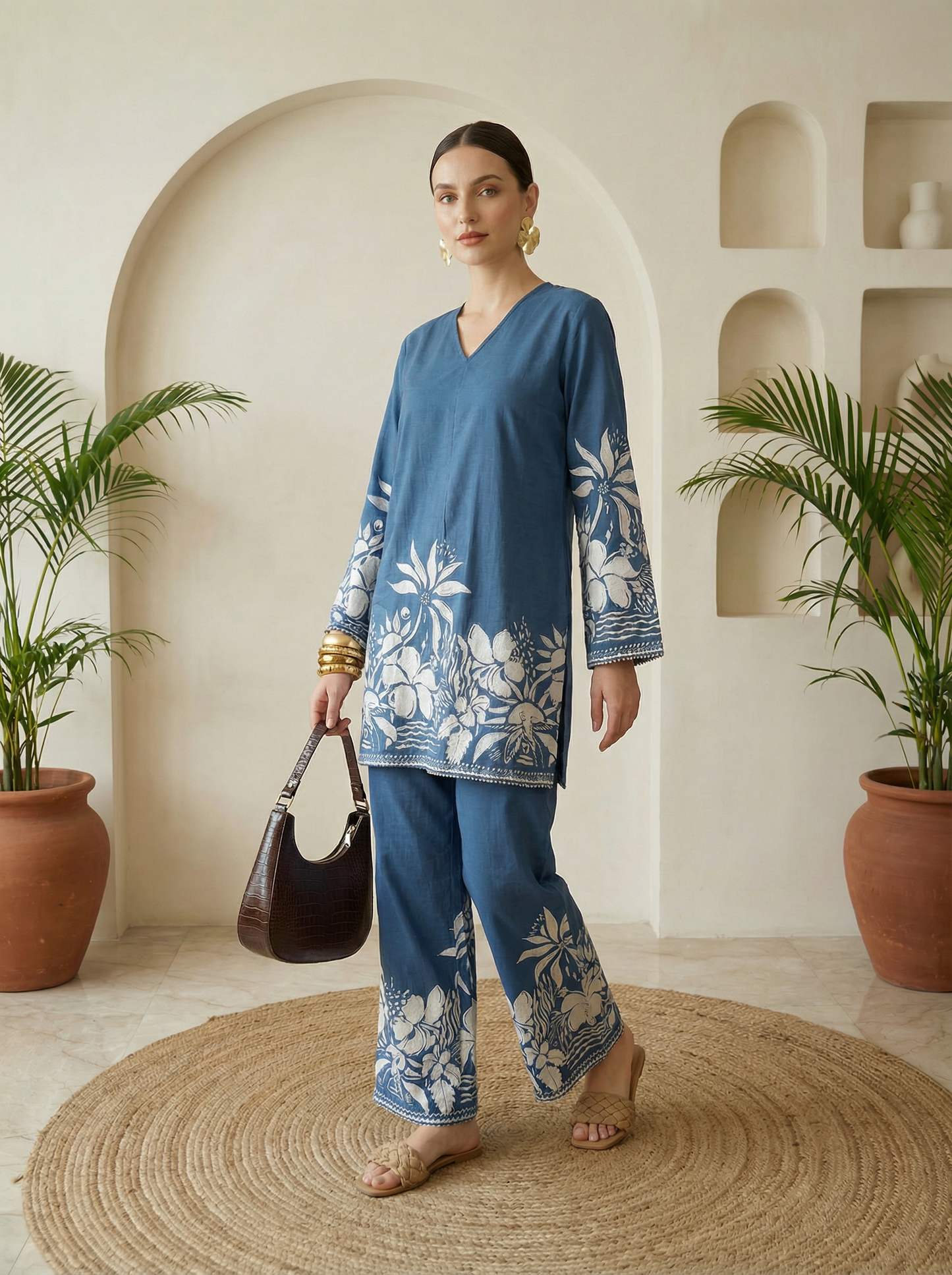 Romantic Florals Blue Pure Cotton V-Neck Top & Trousers Set