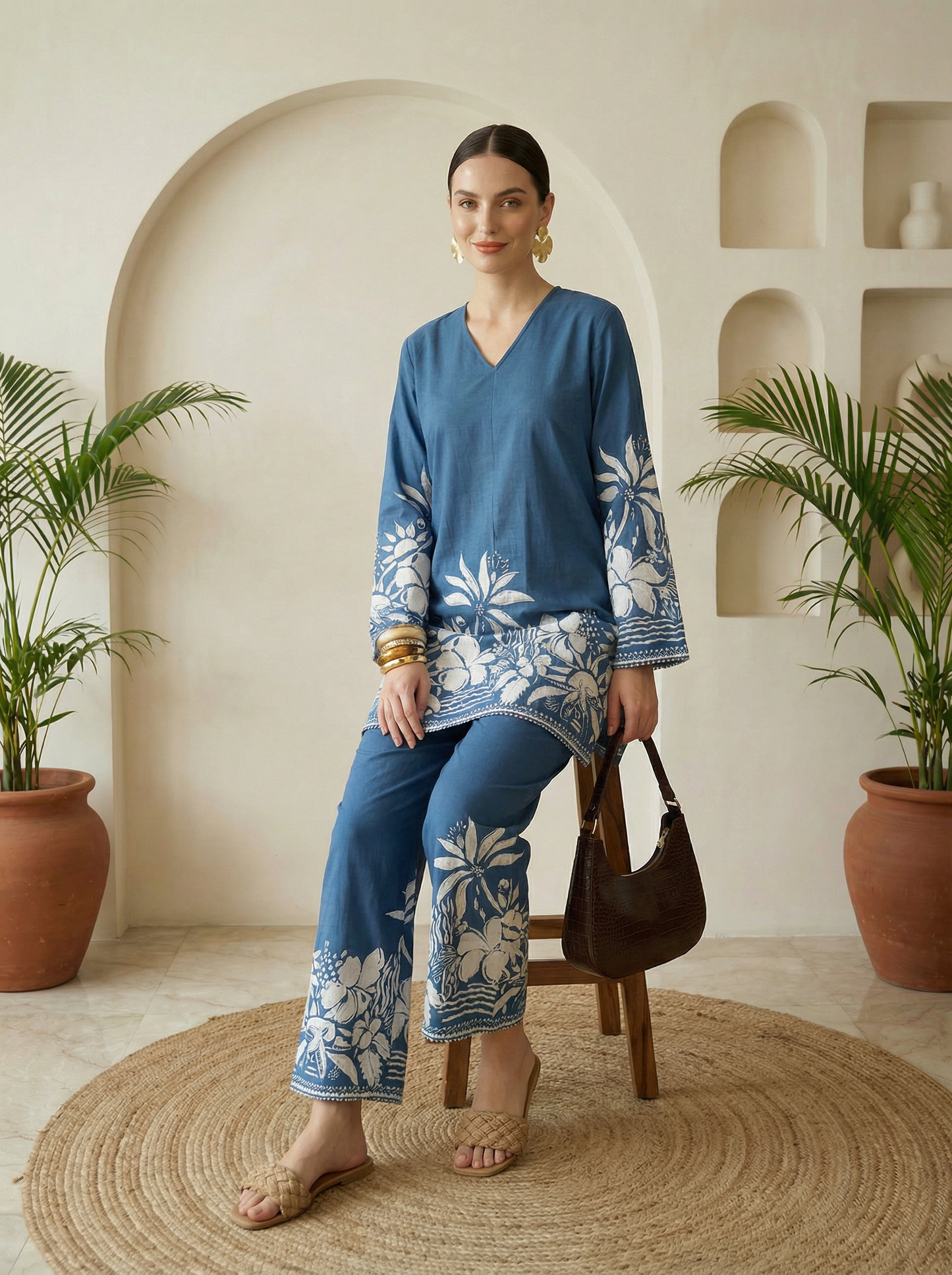Romantic Florals Blue Pure Cotton V-Neck Top & Trousers Set