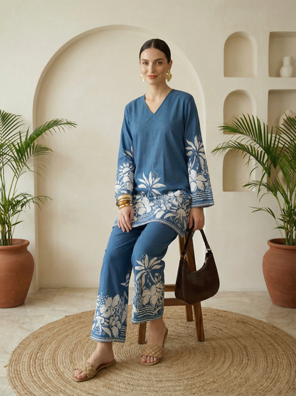 Romantic Florals Blue Pure Cotton V-Neck Top & Trousers Set