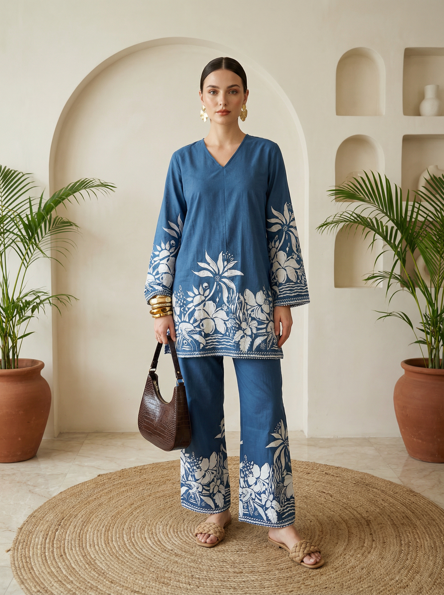 Romantic Florals Blue Pure Cotton V-Neck Top & Trousers Set