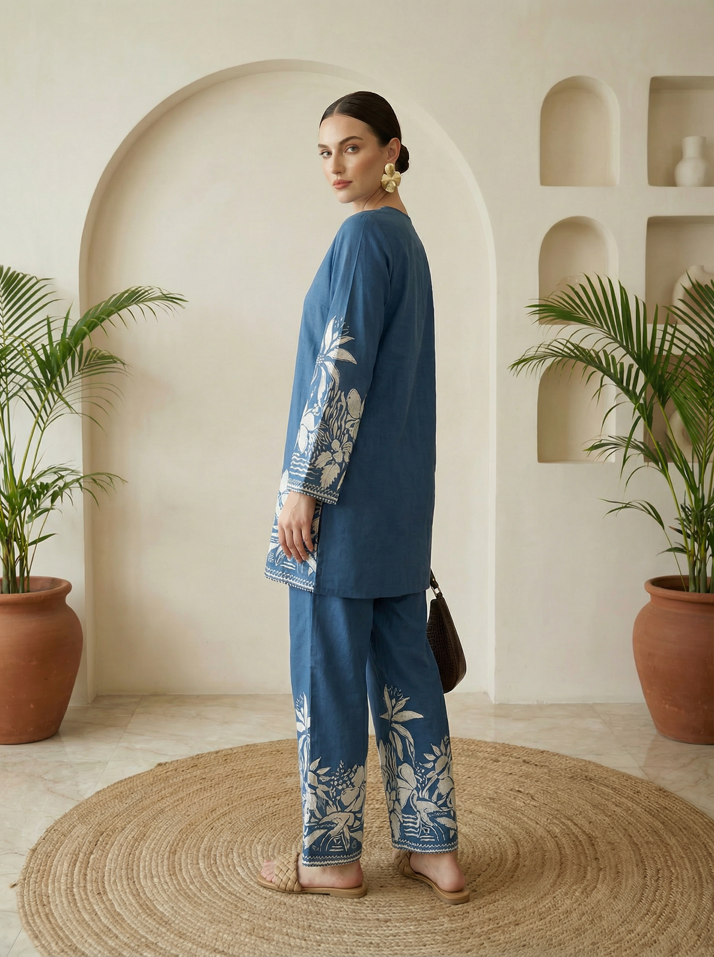 Romantic Florals Blue Pure Cotton V-Neck Top & Trousers Set