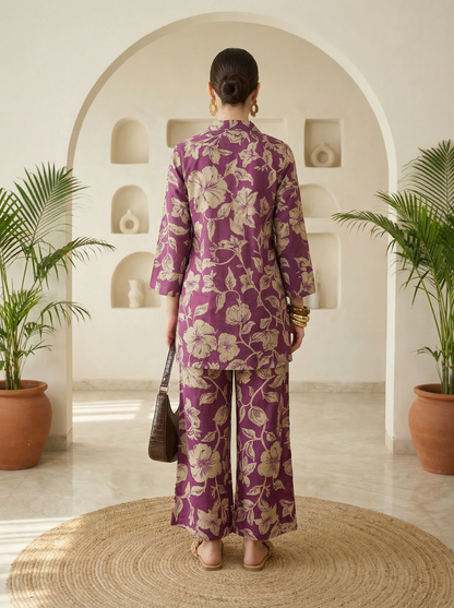 Maroon Floral Printed Collar Pure Cotton Co-ord Set