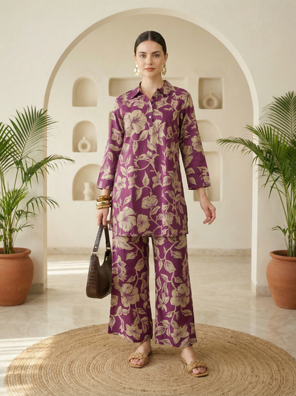 Maroon Floral Printed Collar Pure Cotton Co-ord Set