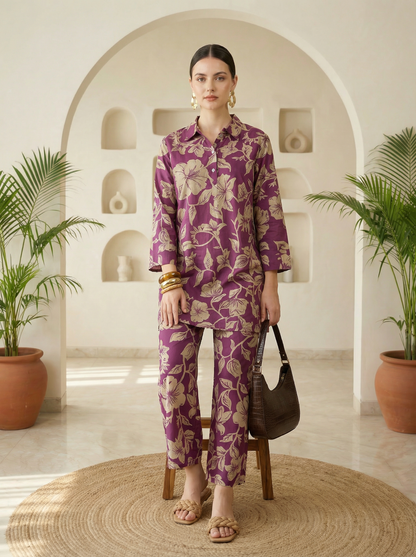 Maroon Floral Printed Collar Pure Cotton Co-ord Set