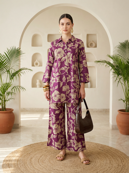 Maroon Floral Printed Collar Pure Cotton Co-ord Set