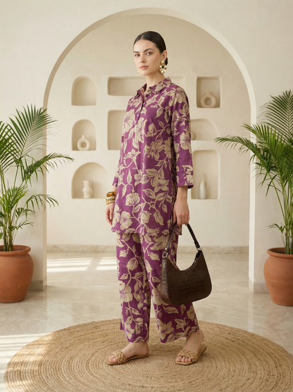 Maroon Floral Printed Collar Pure Cotton Co-ord Set