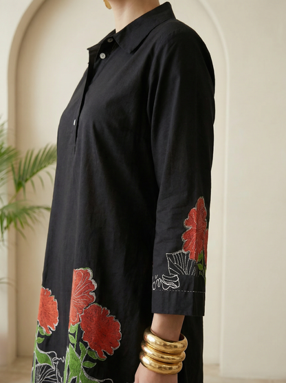 Romantic Florals Black Pure Cotton Tunic and Trousers