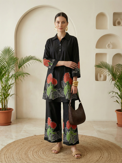 Romantic Florals Black Pure Cotton Tunic and Trousers