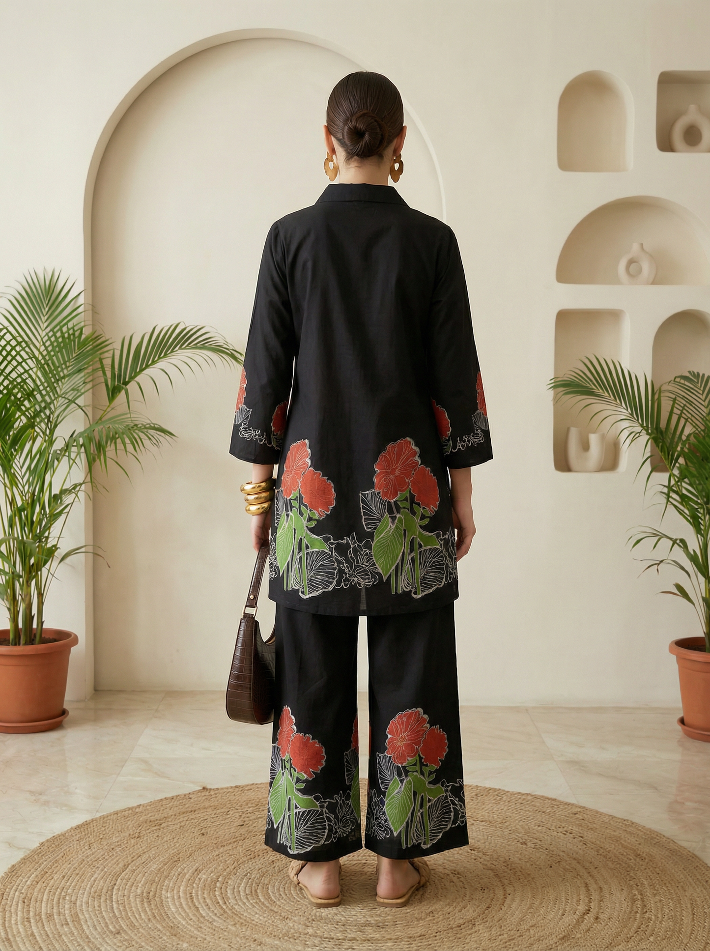 Romantic Florals Black Pure Cotton Tunic and Trousers