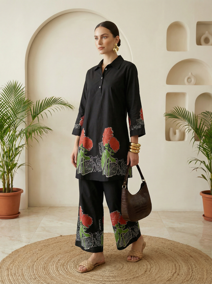 Romantic Florals Black Pure Cotton Tunic and Trousers