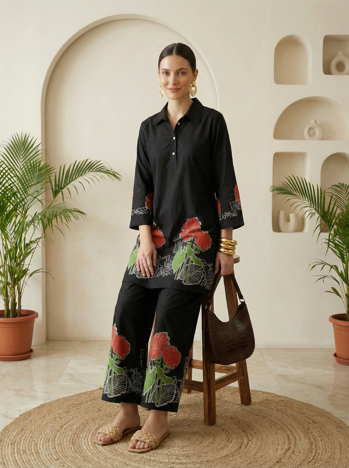 Romantic Florals Black Pure Cotton Tunic and Trousers