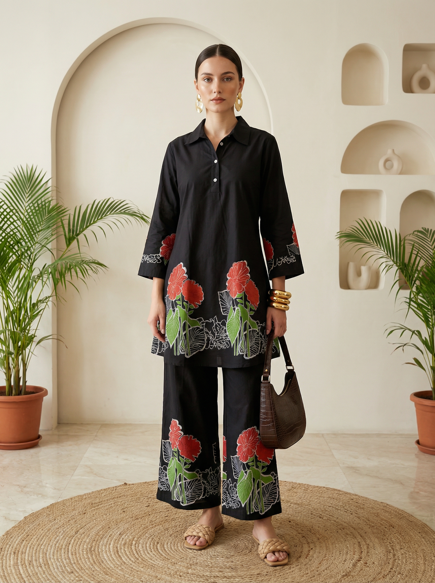 Romantic Florals Black Pure Cotton Tunic and Trousers