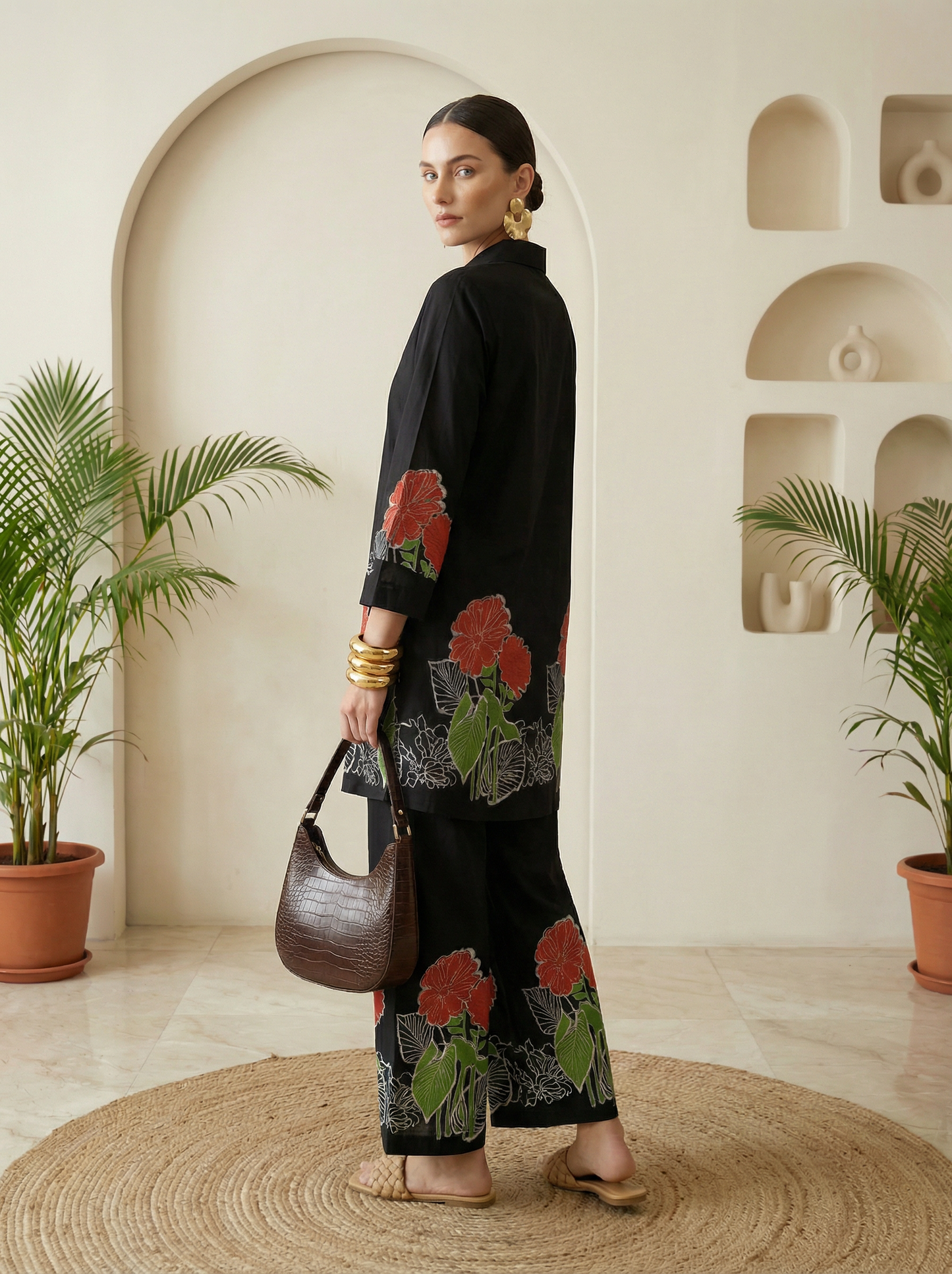 Romantic Florals Black Pure Cotton Tunic and Trousers