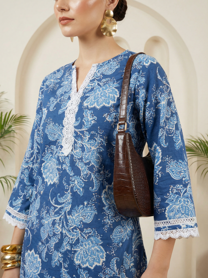 Romantic Florals White & Blue Pure Cotton V-Neck Tunic & Palazzos Set