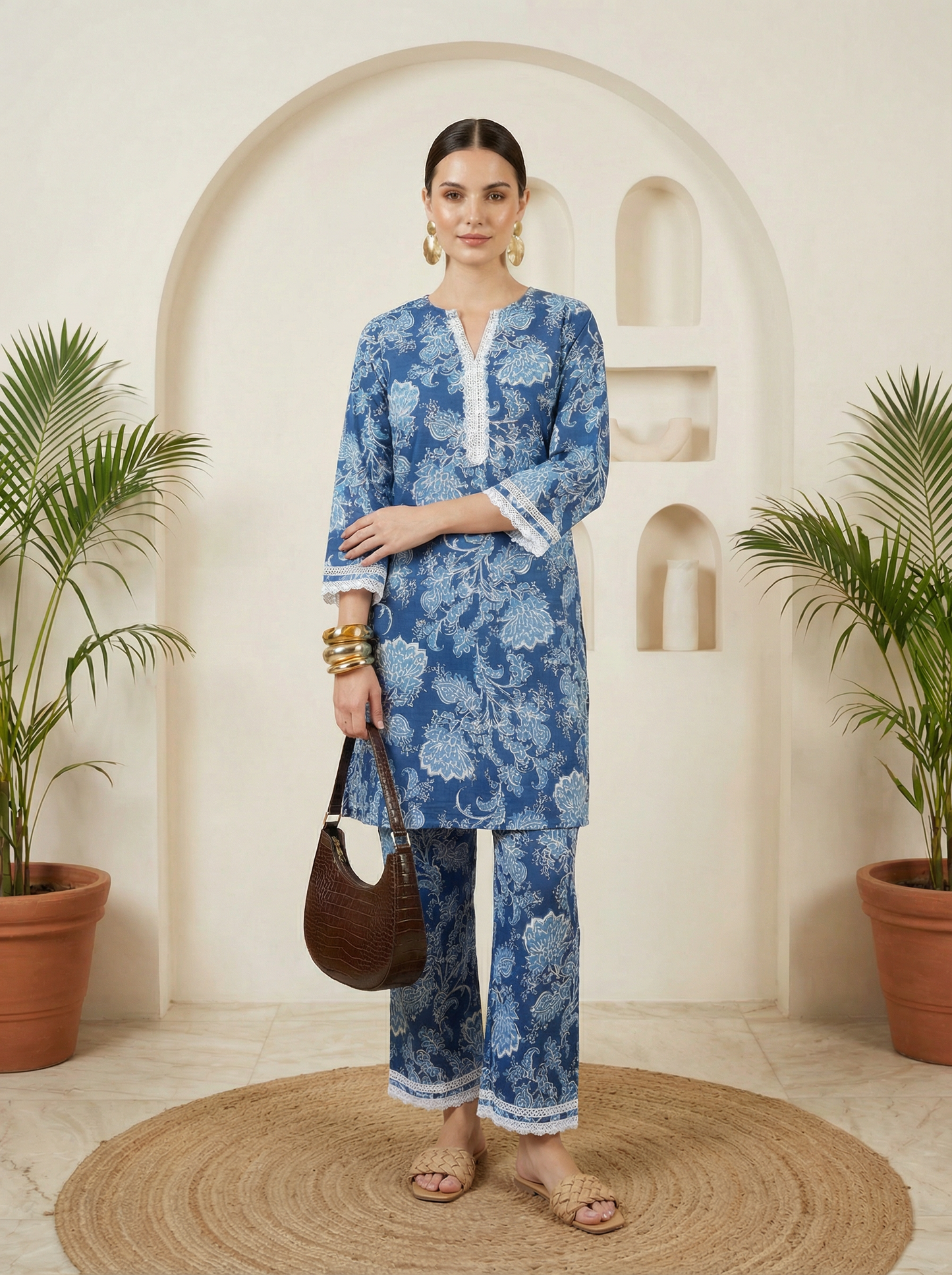 Romantic Florals White & Blue Pure Cotton V-Neck Tunic & Palazzos Set