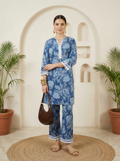 Romantic Florals White & Blue Pure Cotton V-Neck Tunic & Palazzos Set