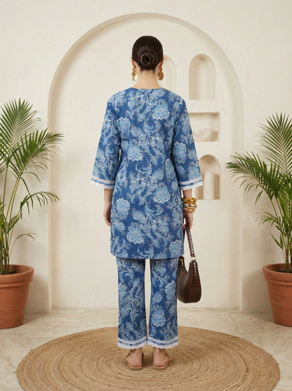 Romantic Florals White & Blue Pure Cotton V-Neck Tunic & Palazzos Set