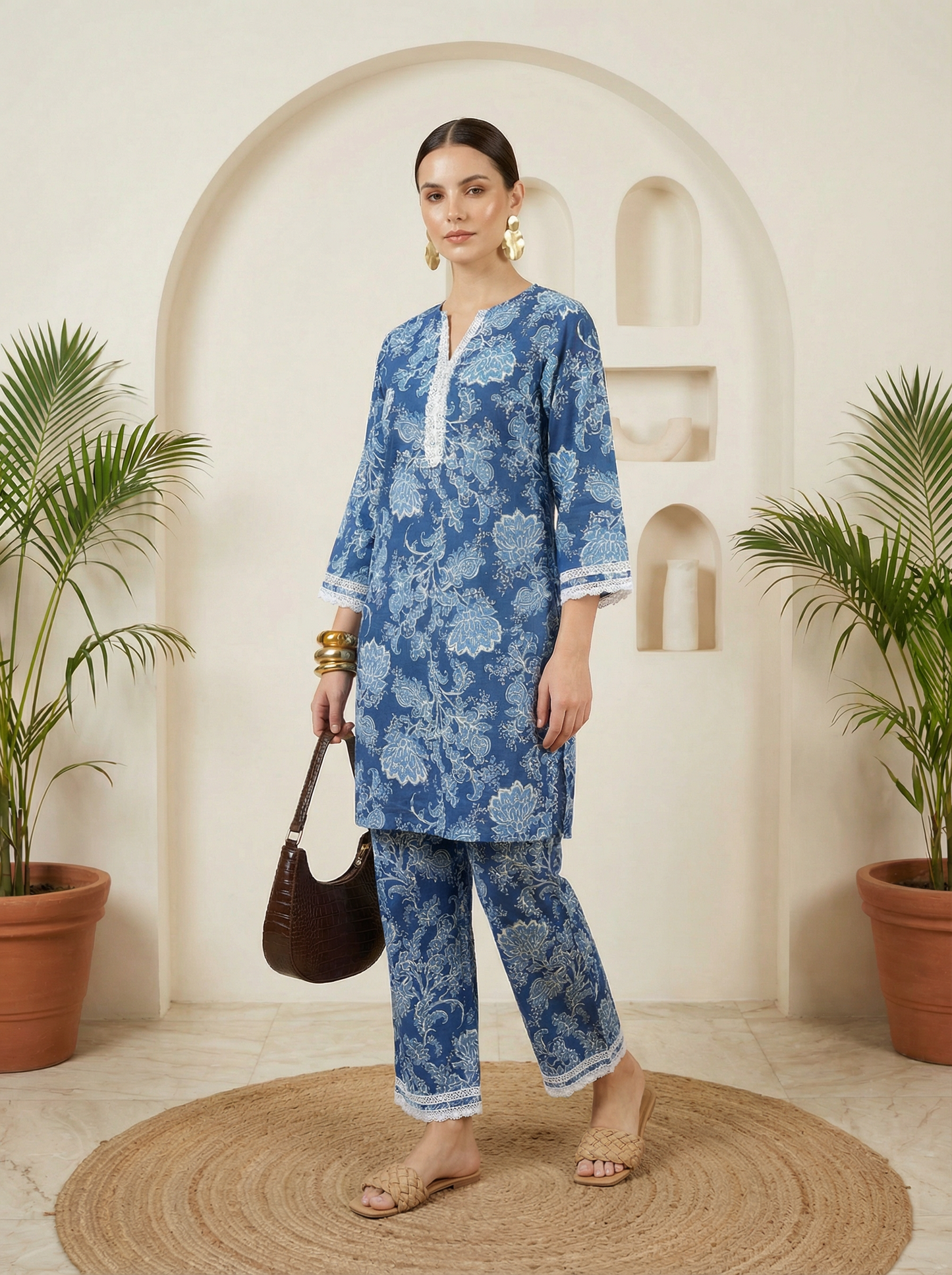 Romantic Florals White & Blue Pure Cotton V-Neck Tunic & Palazzos Set