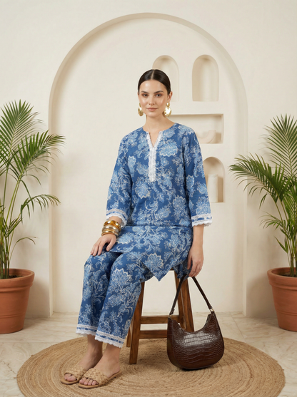 Romantic Florals White & Blue Pure Cotton V-Neck Tunic & Palazzos Set