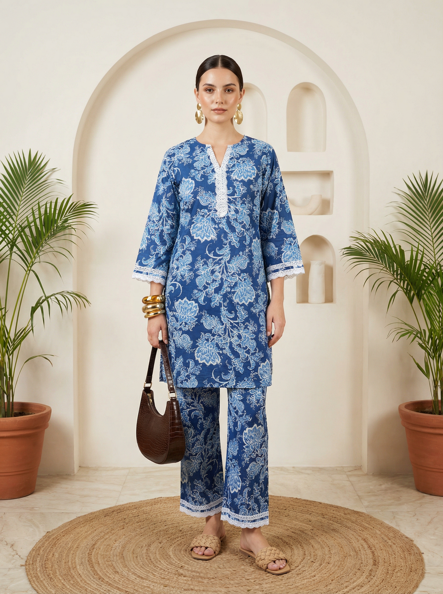 Romantic Florals White & Blue Pure Cotton V-Neck Tunic & Palazzos Set