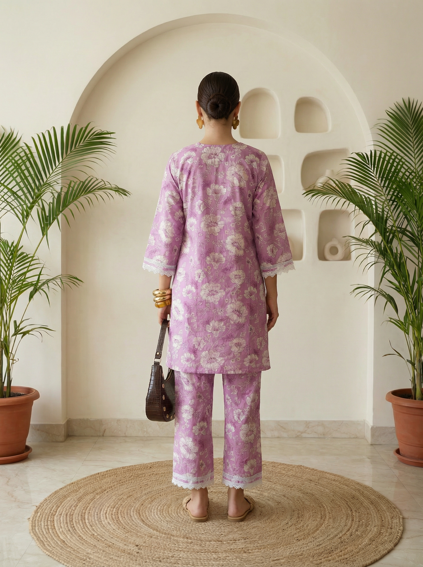 Romantic Florals Lavender Pure Cotton Lace Detail Tunic & Palazzos Set