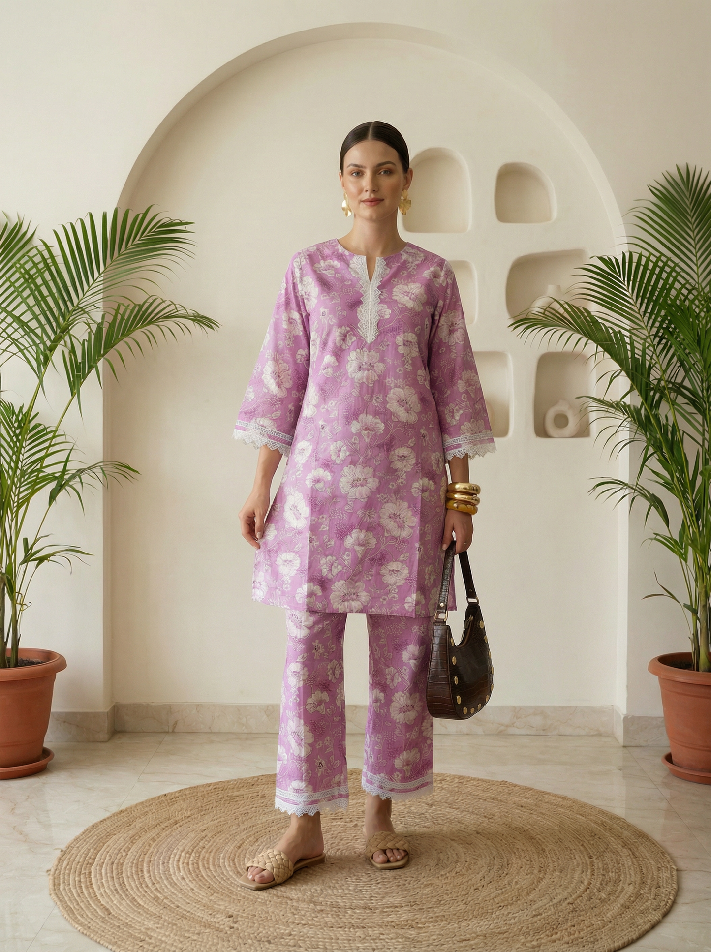 Romantic Florals Lavender Pure Cotton Lace Detail Tunic & Palazzos Set