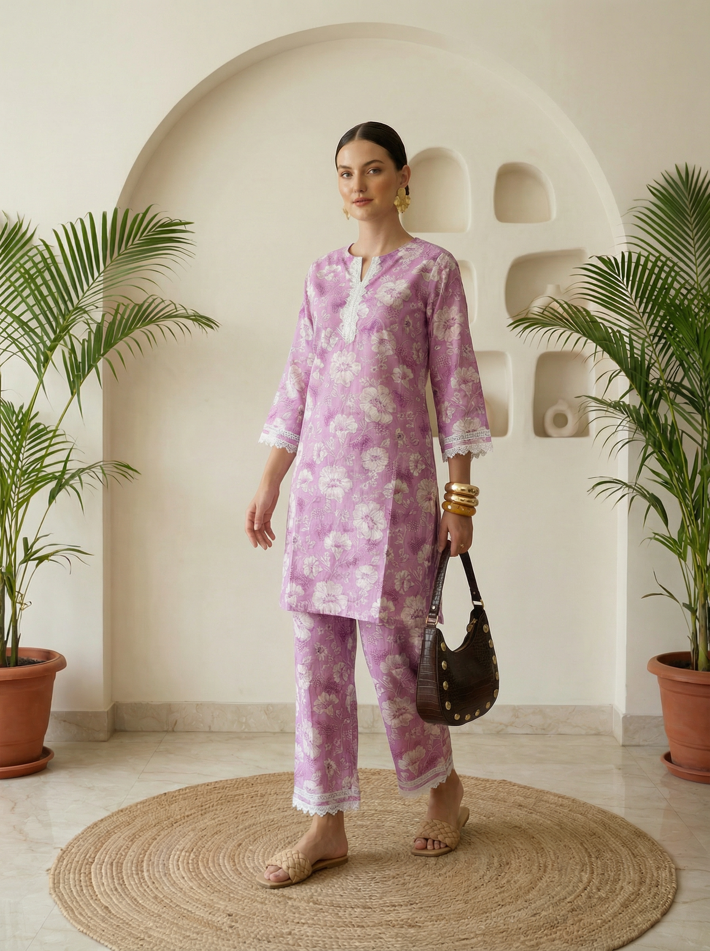 Romantic Florals Lavender Pure Cotton Lace Detail Tunic & Palazzos Set