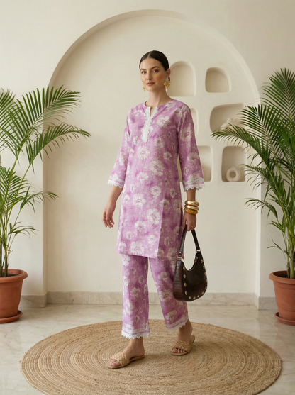 Romantic Florals Lavender Pure Cotton Lace Detail Tunic & Palazzos Set