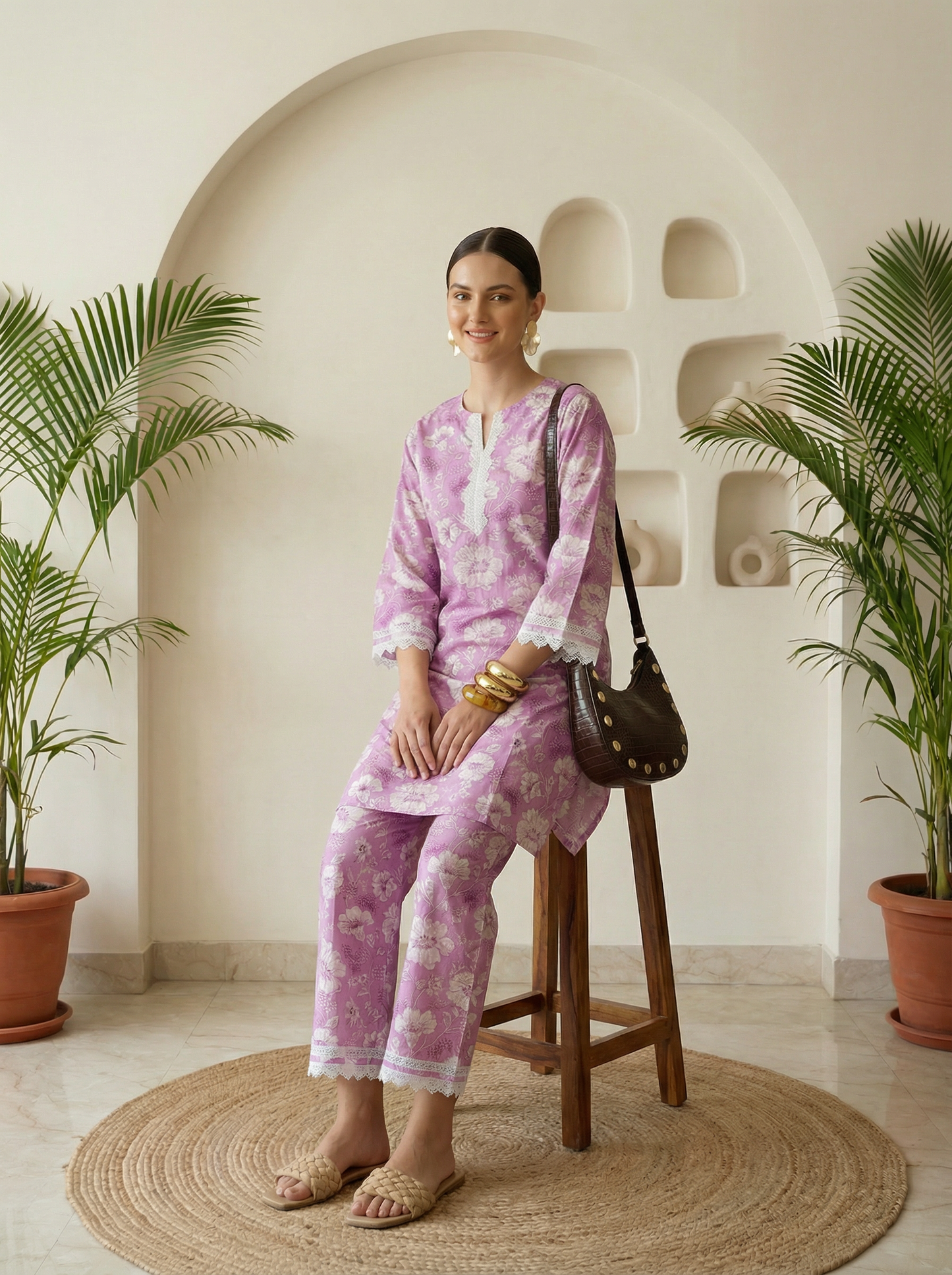Romantic Florals Lavender Pure Cotton Lace Detail Tunic & Palazzos Set