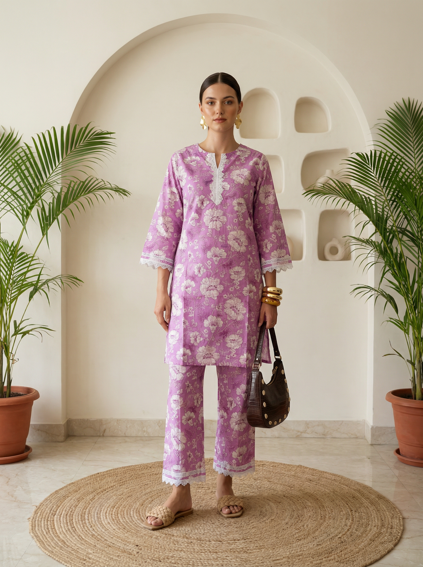 Romantic Florals Lavender Pure Cotton Lace Detail Tunic & Palazzos Set