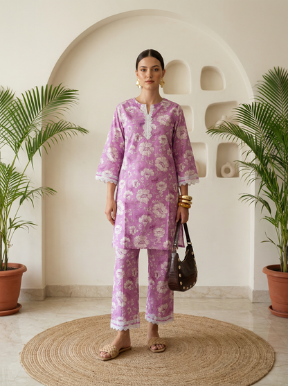 Romantic Florals Lavender Pure Cotton Lace Detail Tunic & Palazzos Set