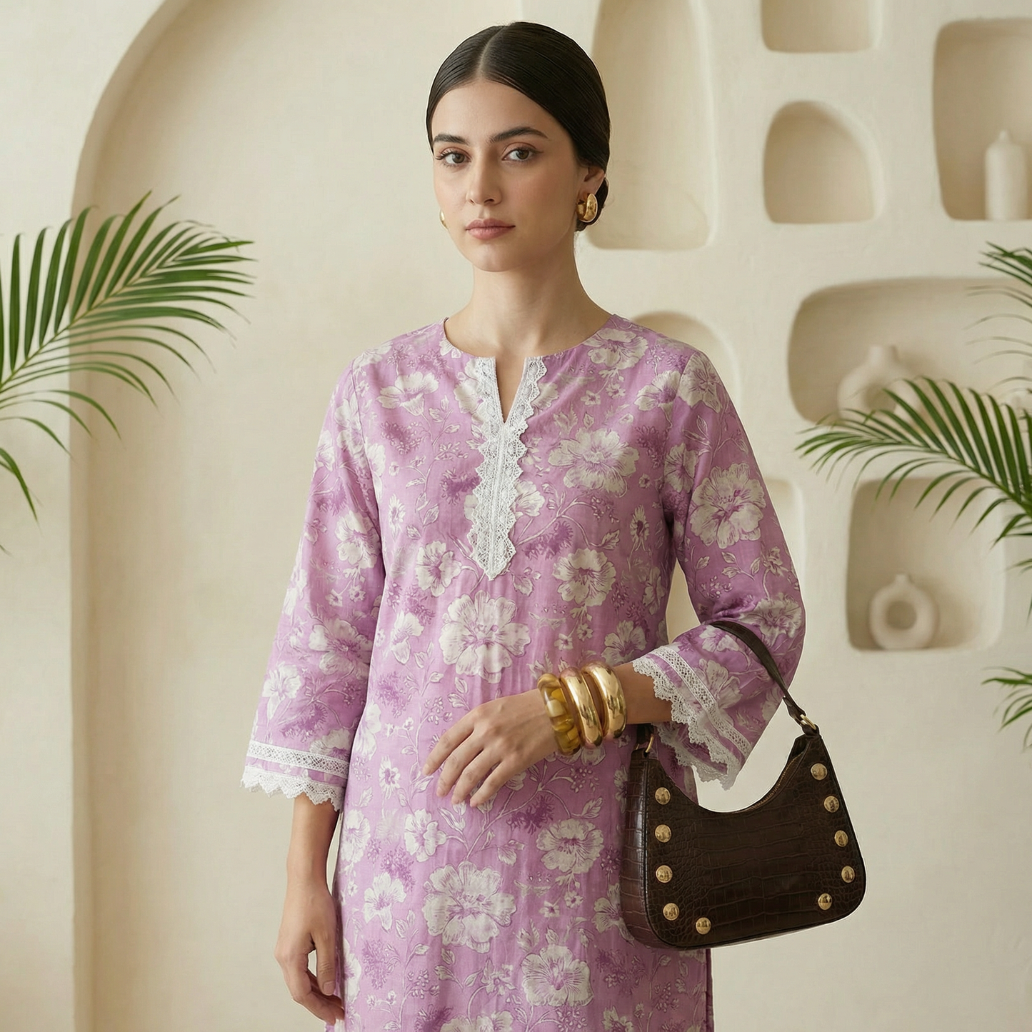 Romantic Florals Lavender Pure Cotton Lace Detail Tunic & Palazzos Set