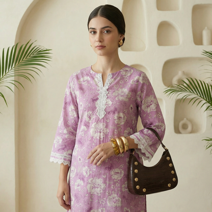 Romantic Florals Lavender Pure Cotton Lace Detail Tunic & Palazzos Set