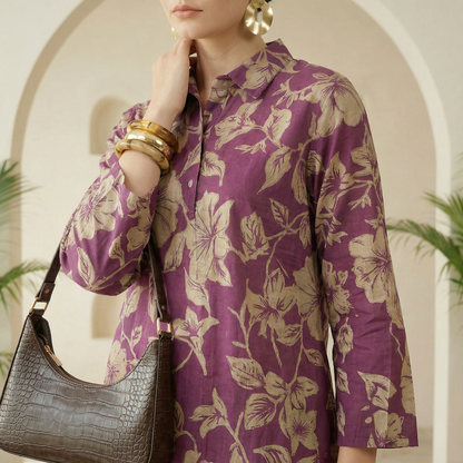 Maroon Floral Printed Collar Pure Cotton Co-ord Set