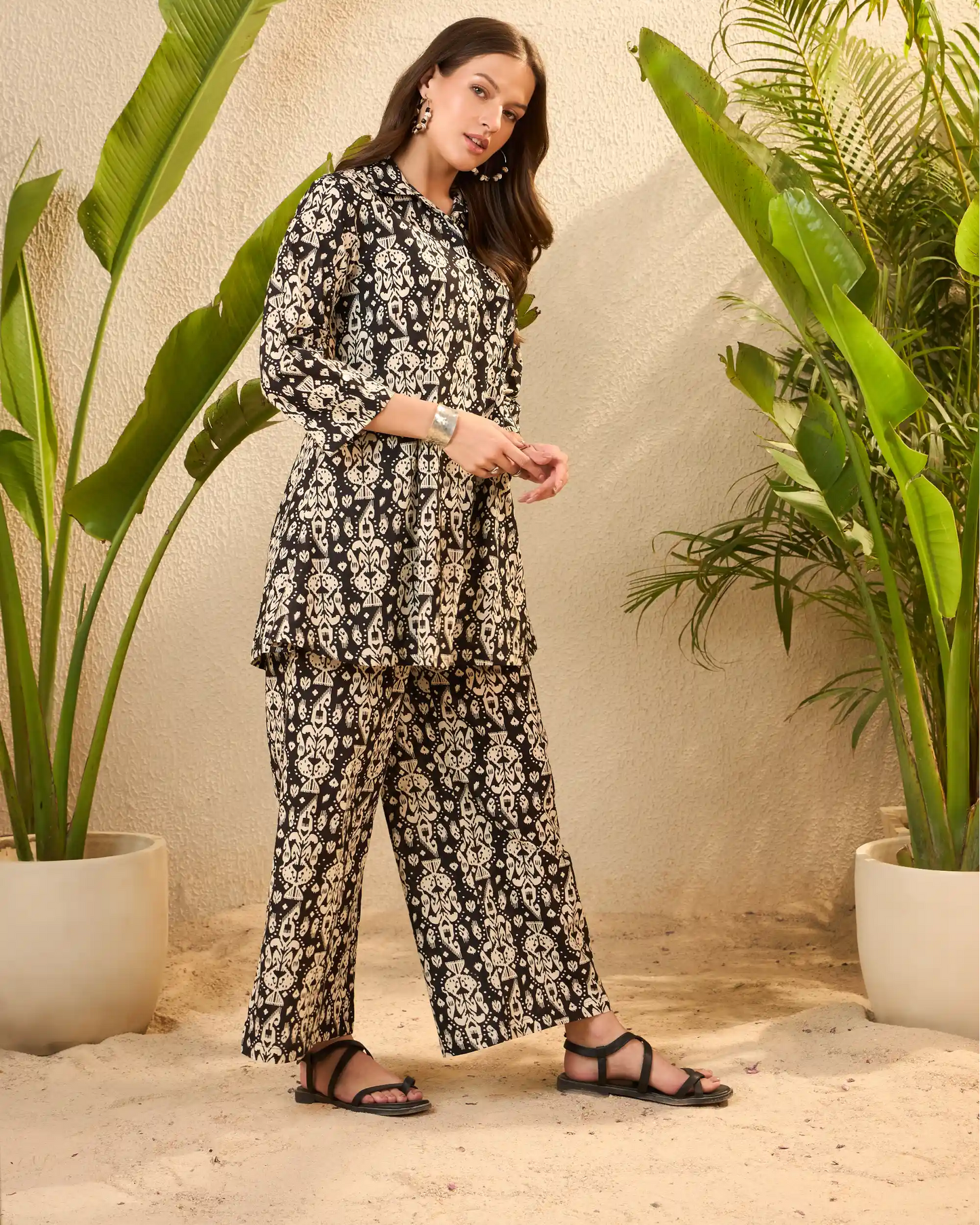 Black & Cream Ikat Pure Cotton Tunic & Trouser Co-Ord Set