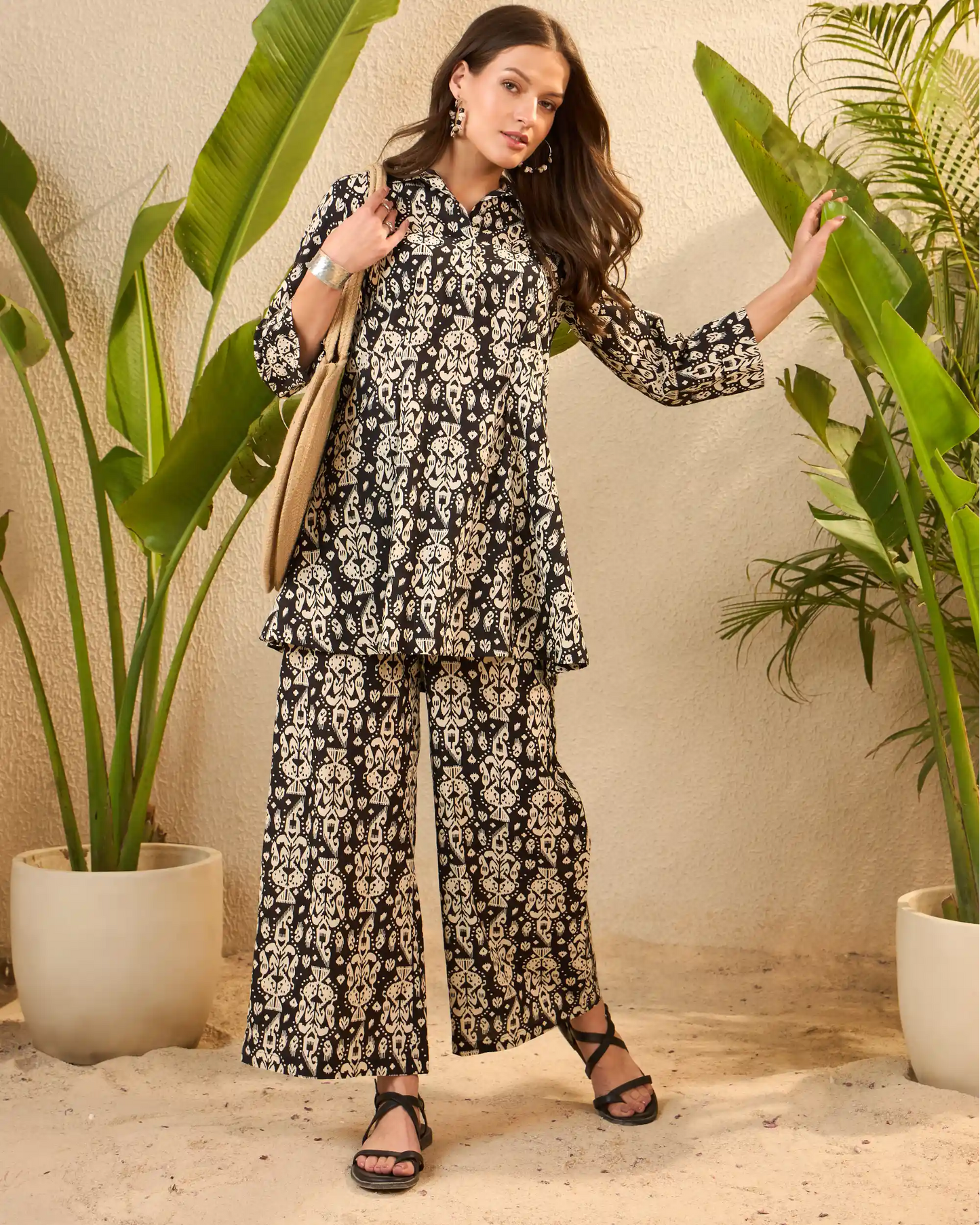 Black & Cream Ikat Pure Cotton Tunic & Trouser Co-Ord Set