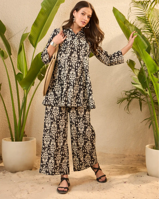 Black & Cream Ikat Pure Cotton Tunic & Trouser Co-Ord Set