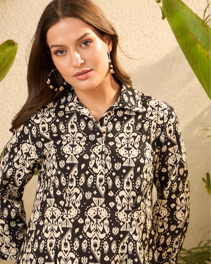 Black & Cream Ikat Pure Cotton Tunic & Trouser Co-Ord Set