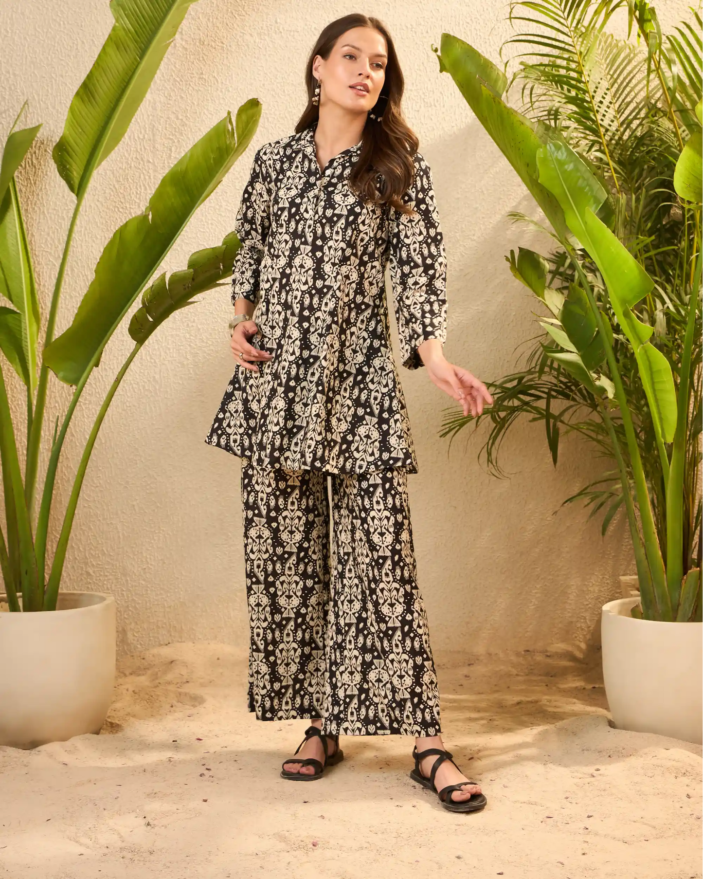 Black & Cream Ikat Pure Cotton Tunic & Trouser Co-Ord Set