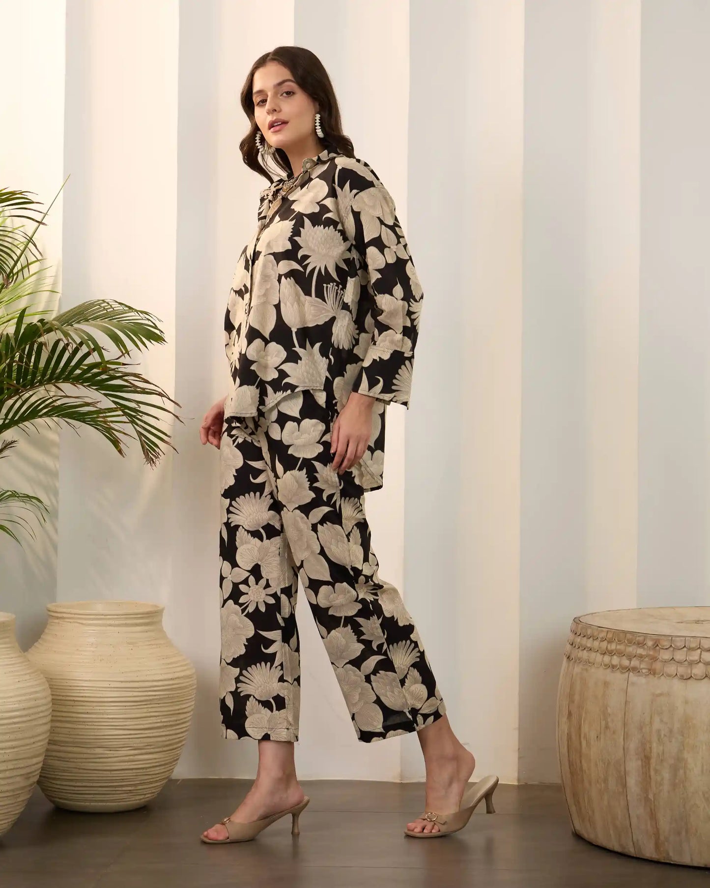 Black Floral Pure Cotton Shirt Collar Co-Ord Set with Trouser