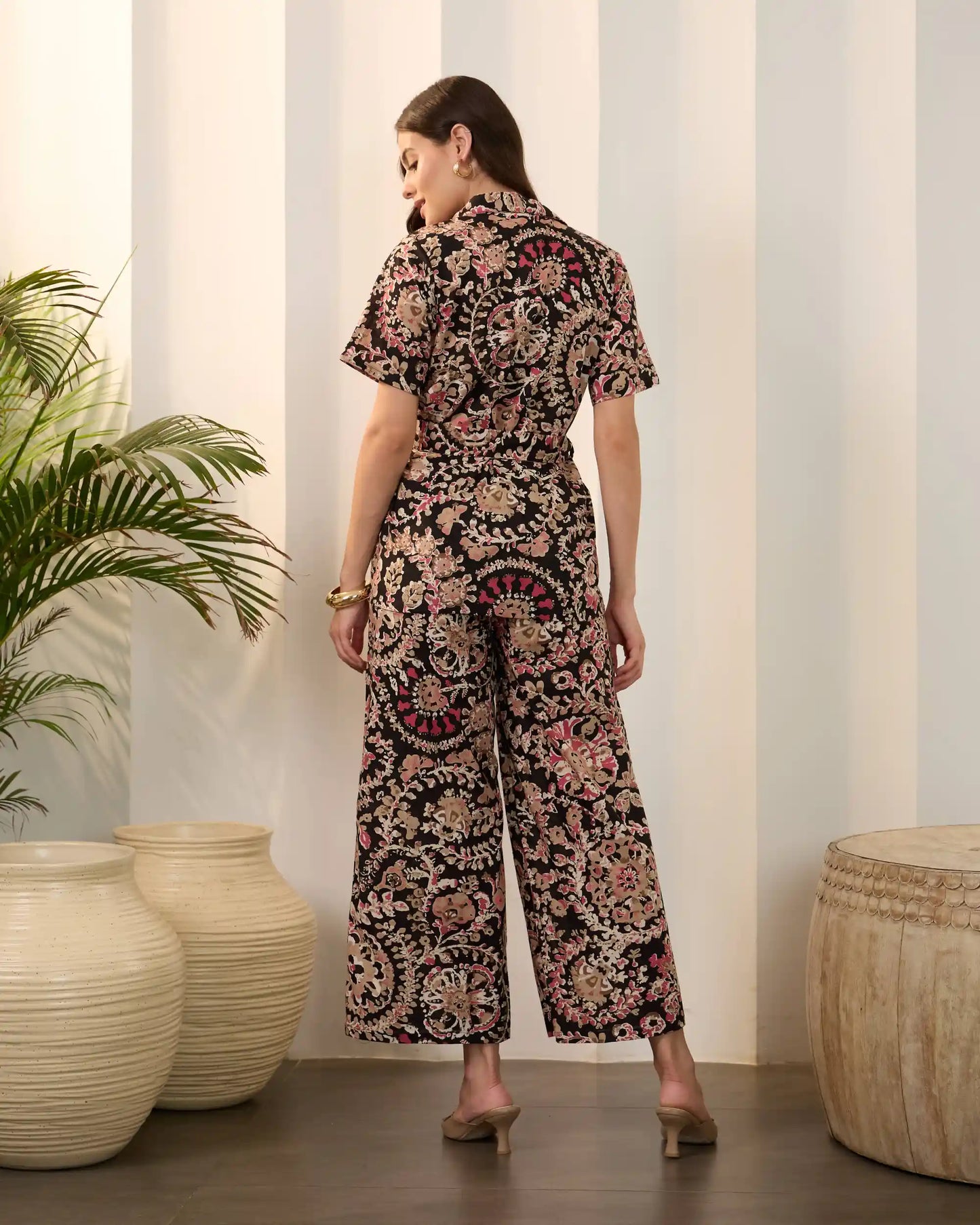 Black Floral Pure Cotton Shirt Collar Co-Ord Set with Trousers