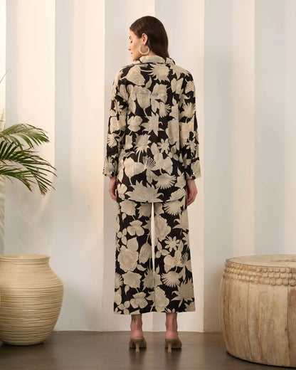Black Floral Pure Cotton Shirt Collar Co-Ord Set with Trouser
