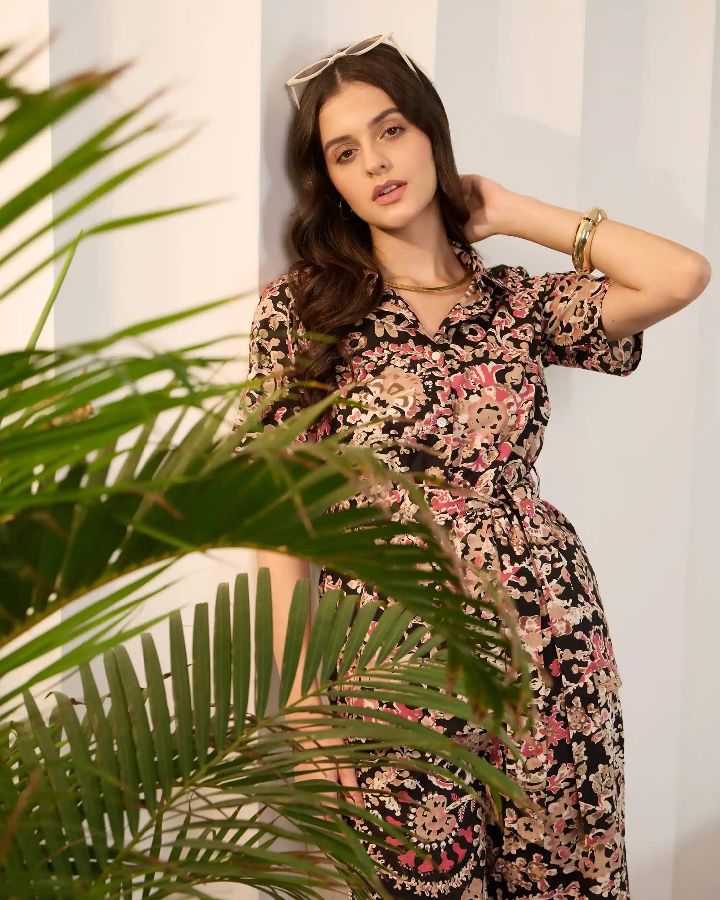 Black Floral Pure Cotton Shirt Collar Co-Ord Set with Trousers