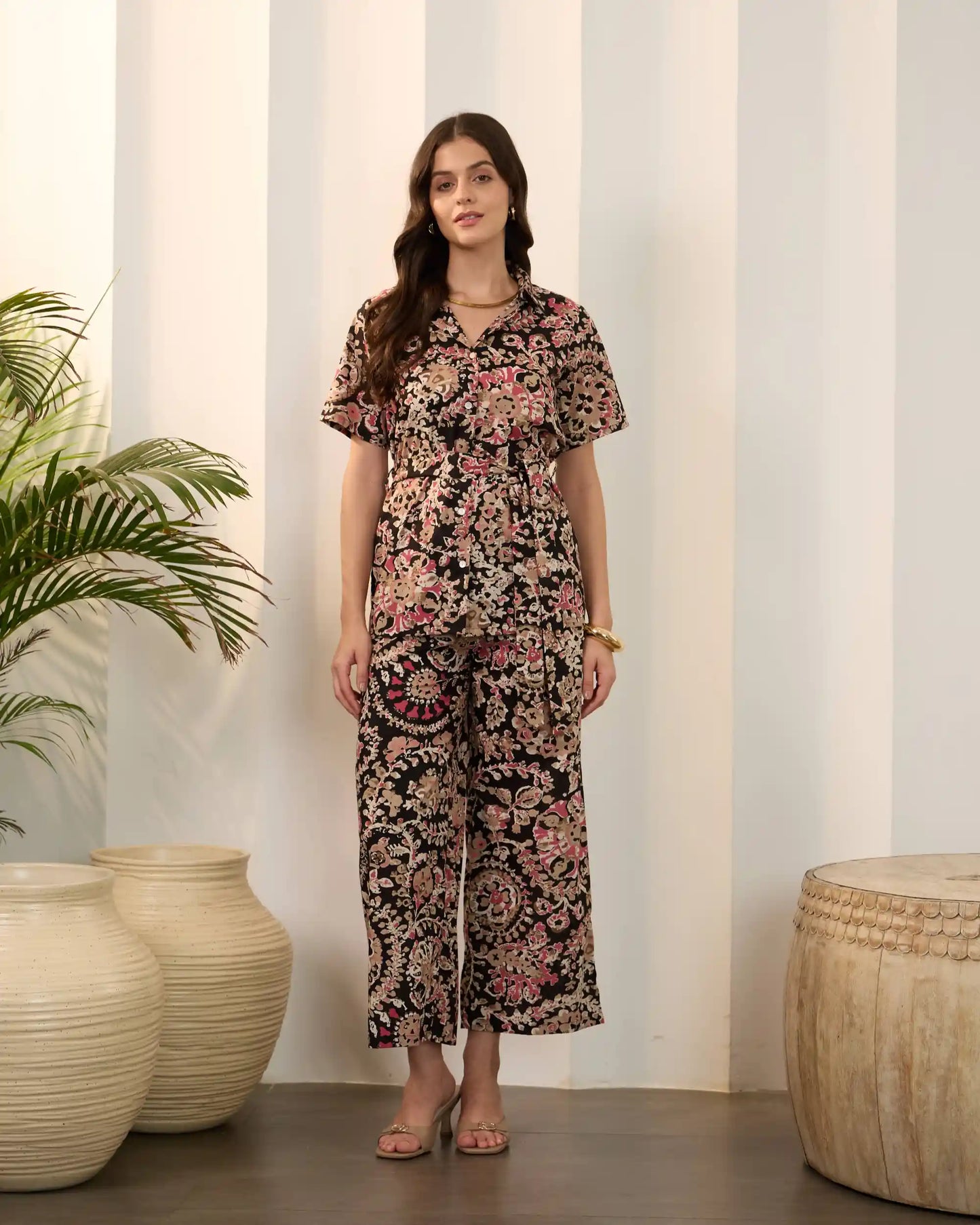 Black Floral Pure Cotton Shirt Collar Co-Ord Set with Trousers