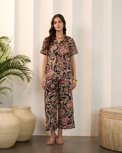 Black Floral Pure Cotton Shirt Collar Co-Ord Set with Trousers