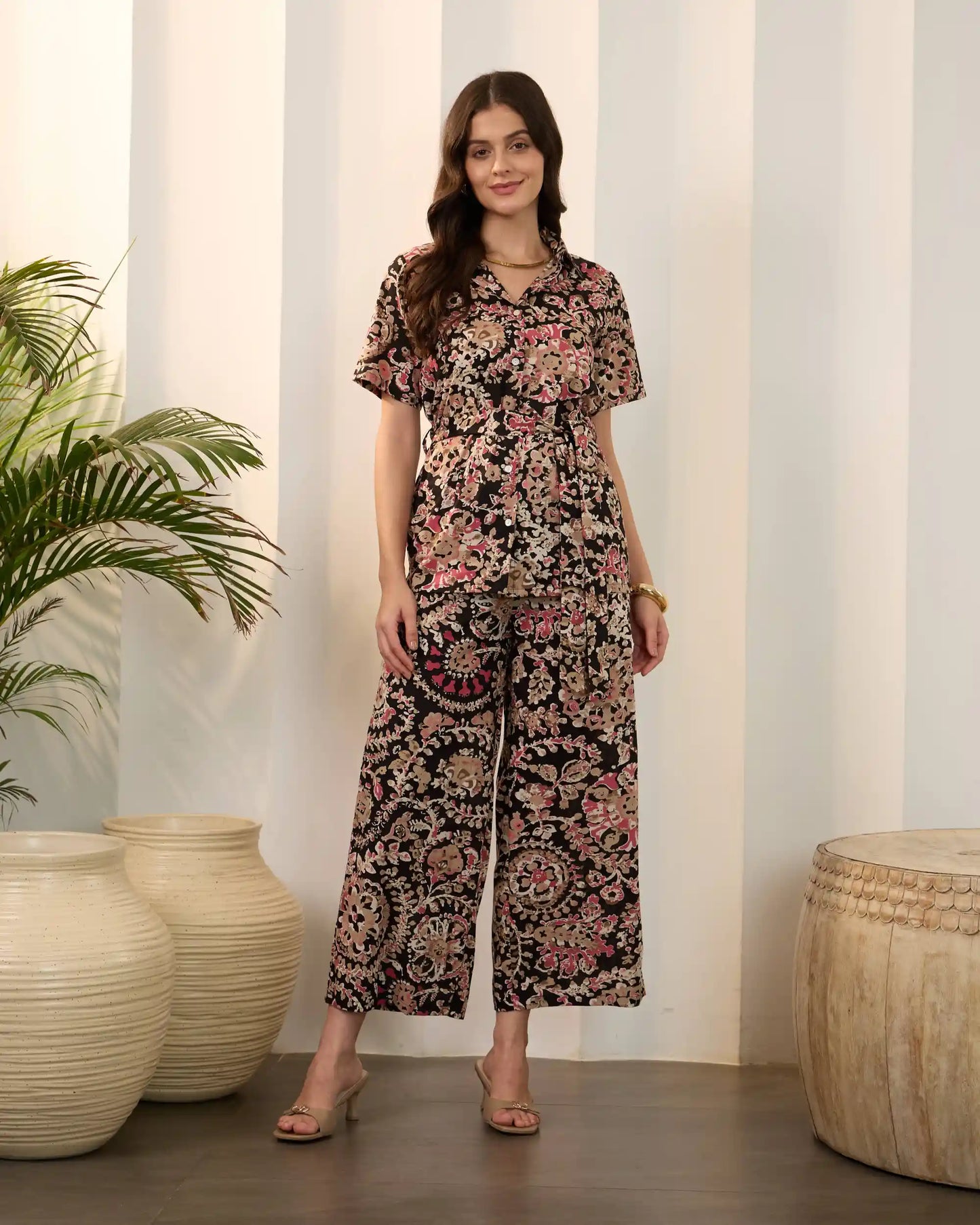 Black Floral Pure Cotton Shirt Collar Co-Ord Set with Trousers